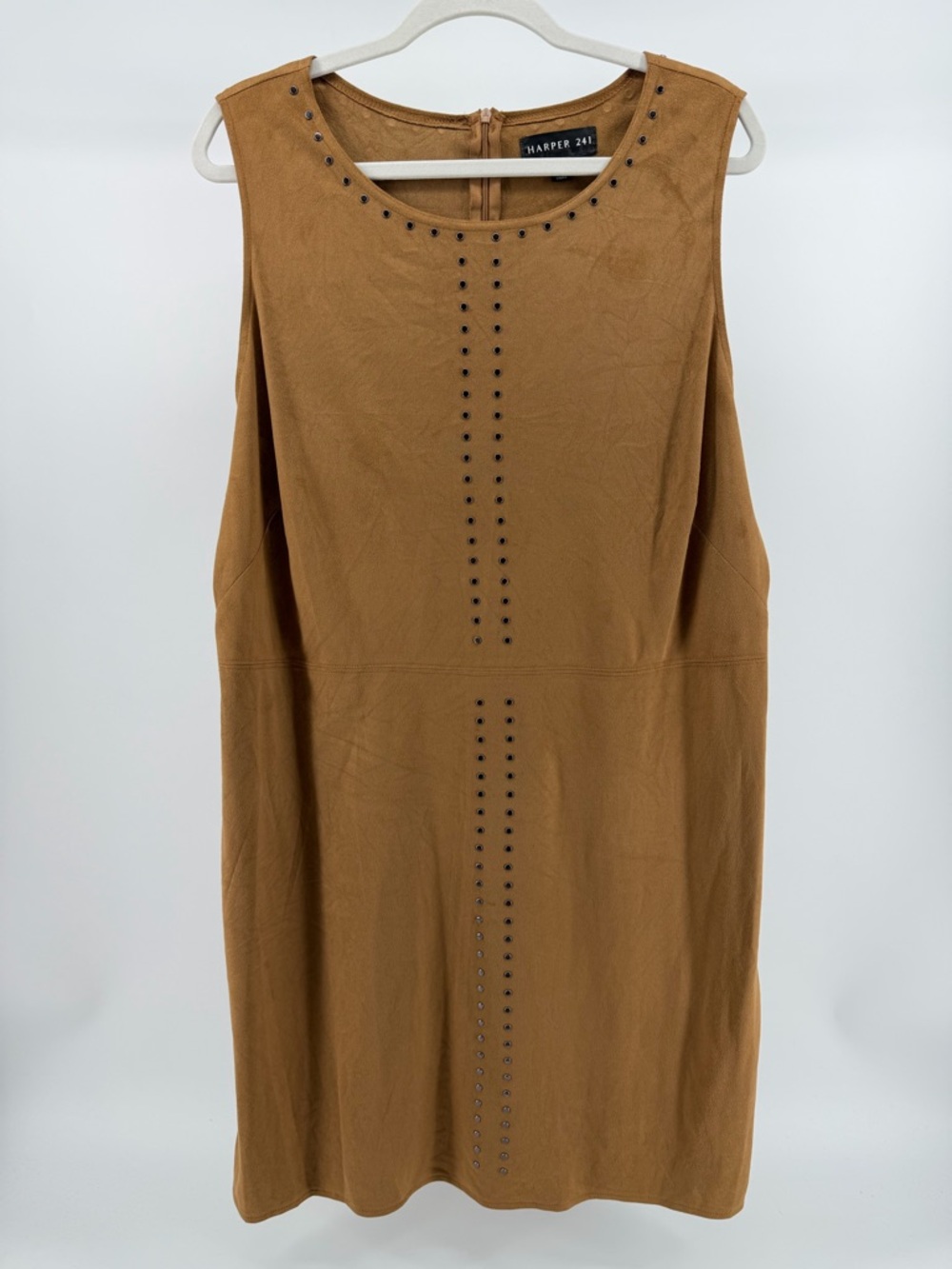 Harper 241 Camel Brown Studded Faux Suede Sleeveless Shift Dress, Women's XL